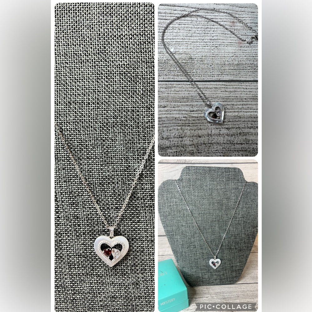 Shell Double Heart Necklace, Sterling Silver, Pendant Garnet & Diamond